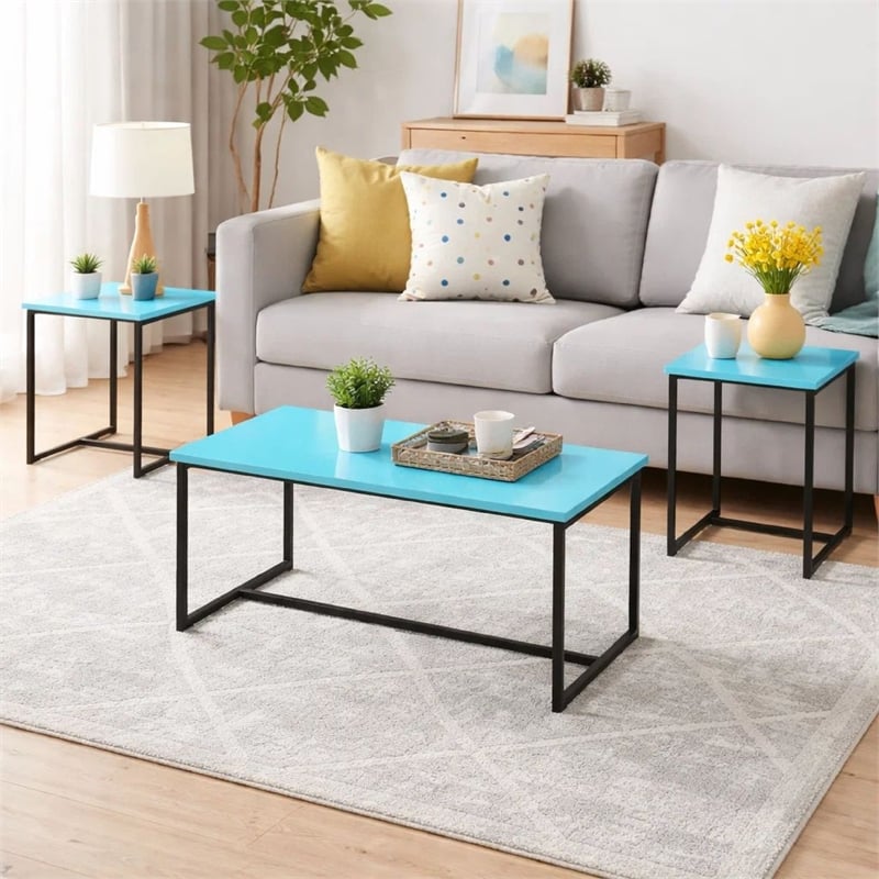 Benjara Ont 3 Piece Coffee Table and End Table Set- Carbon Fiber Top- Blue