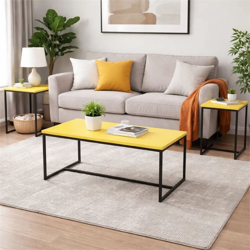 Benjara Ont 3 Piece Coffee Table and End Table Set- Yellow Carbon Fiber Top
