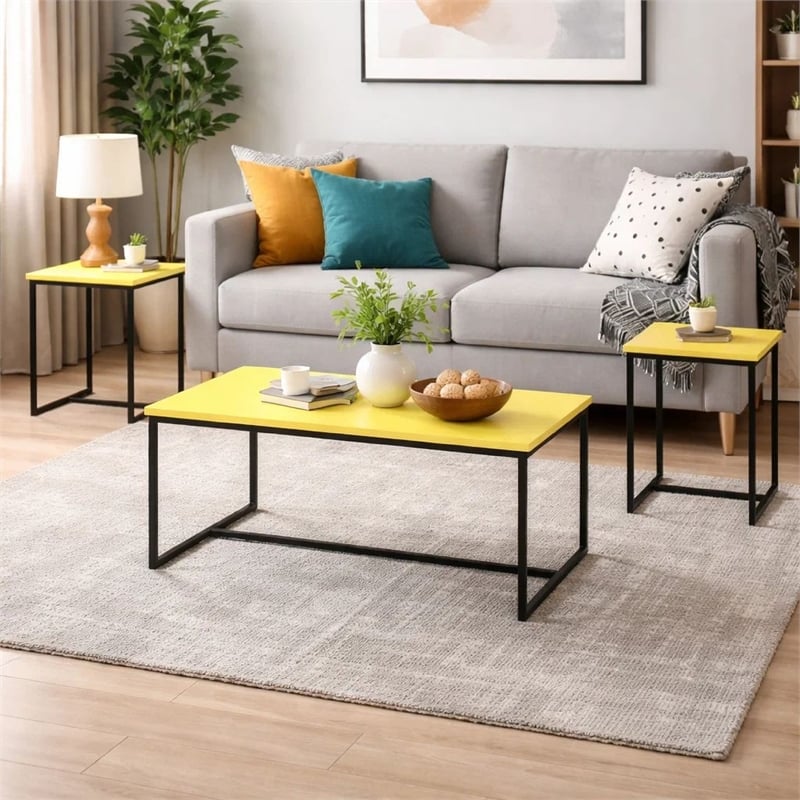 Benjara Ont 3 Piece Coffee Table and End Table Set- Yellow Carbon Fiber Top