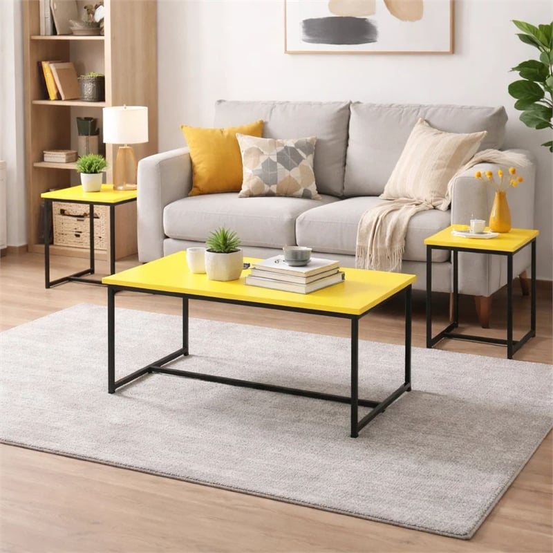 Benjara Ont 3 Piece Coffee Table and End Table Set- Yellow Carbon Fiber Top