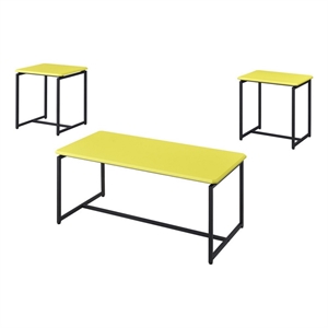 Benjara Ont 3 Piece Coffee Table and End Table Set- Yellow Carbon Fiber Top