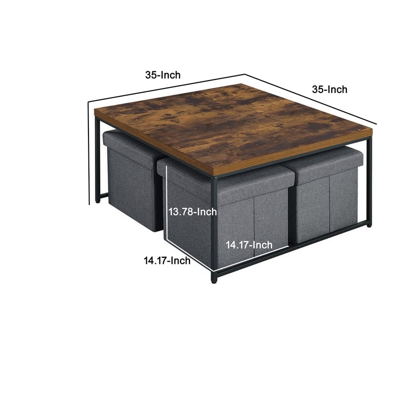 Benjara All 5 Piece Coffee Table Set- Oak Brown Top with 4 Nesting Storage Bins
