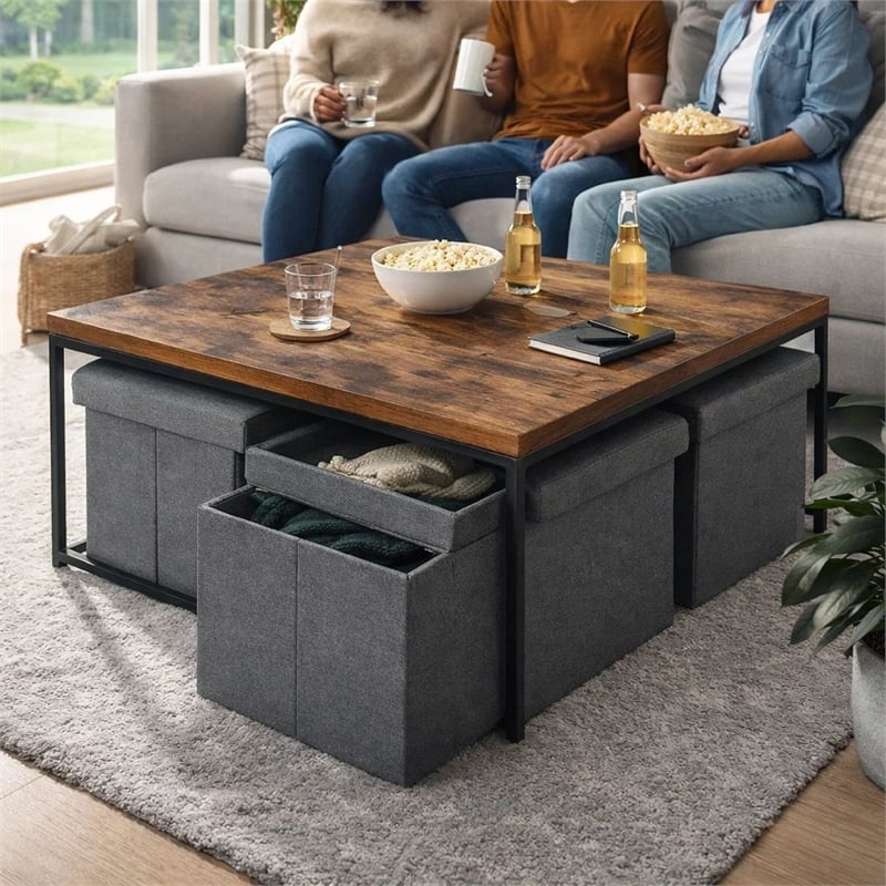 Benjara All 5 Piece Coffee Table Set- Oak Brown Top with 4 Nesting Storage Bins