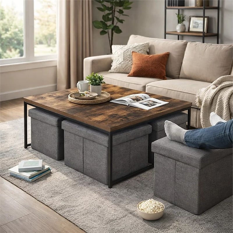 Benjara All 5 Piece Coffee Table Set- Oak Brown Top with 4 Nesting Storage Bins