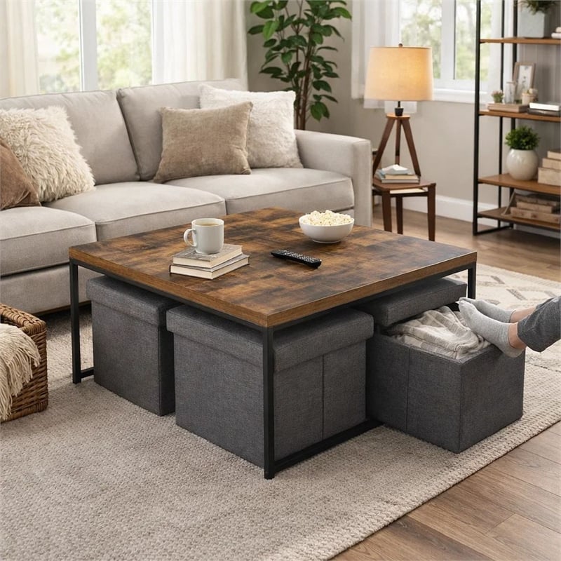Benjara All 5 Piece Coffee Table Set- Oak Brown Top with 4 Nesting Storage Bins