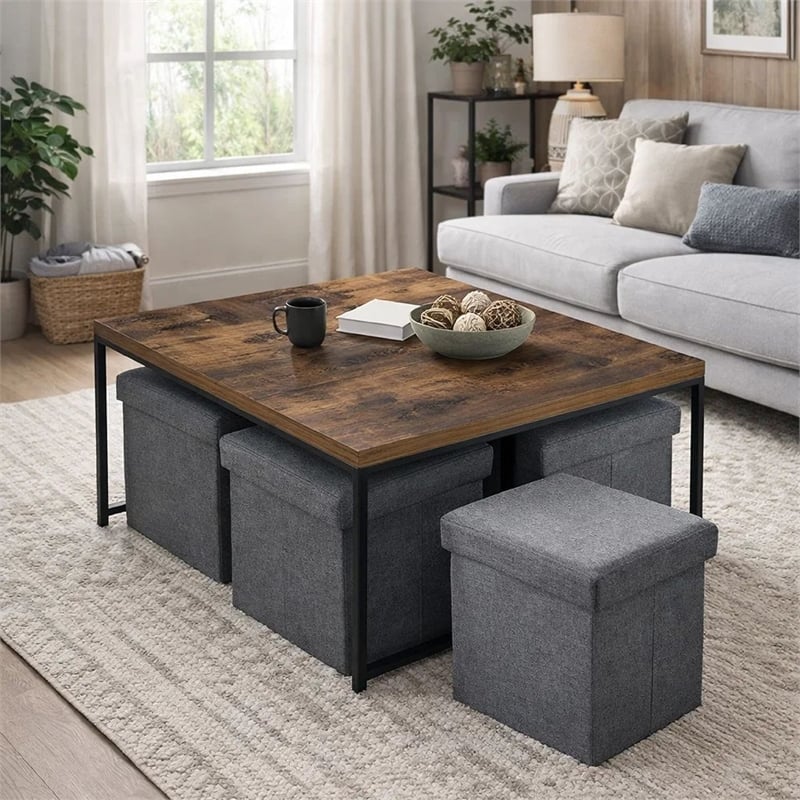 Benjara All 5 Piece Coffee Table Set- Oak Brown Top with 4 Nesting Storage Bins