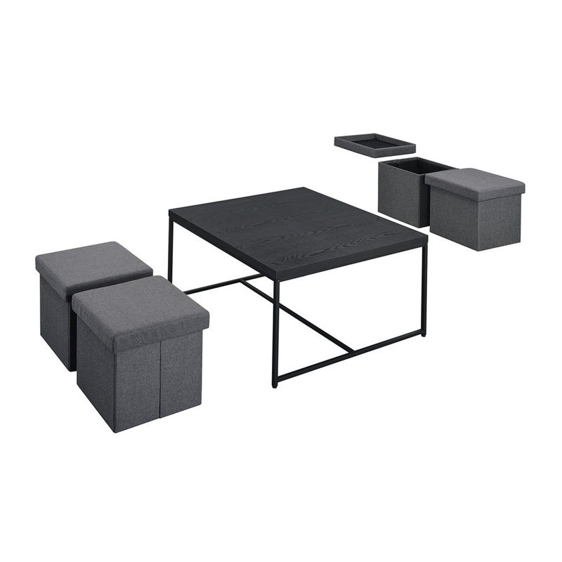 Benjara All 5 Piece Coffee Table Set- Oak Black Top with 4 Nesting Storage Bins