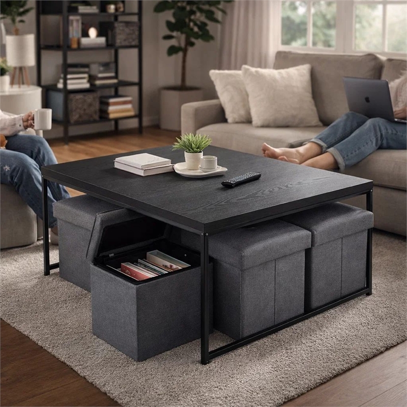Benjara All 5 Piece Coffee Table Set- Oak Black Top with 4 Nesting Storage Bins
