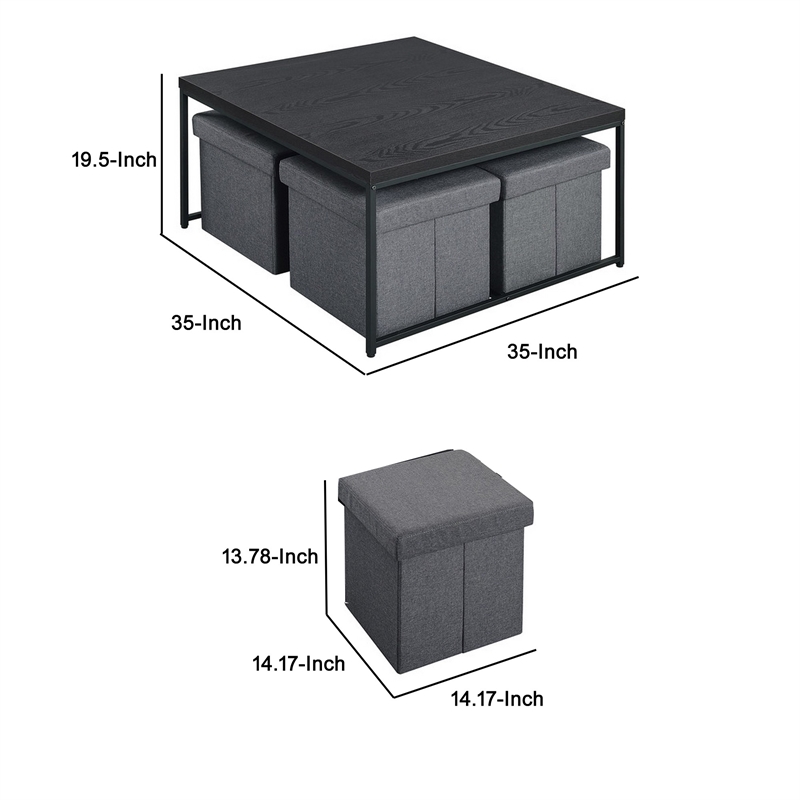Benjara All 5 Piece Coffee Table Set- Oak Black Top with 4 Nesting Storage Bins