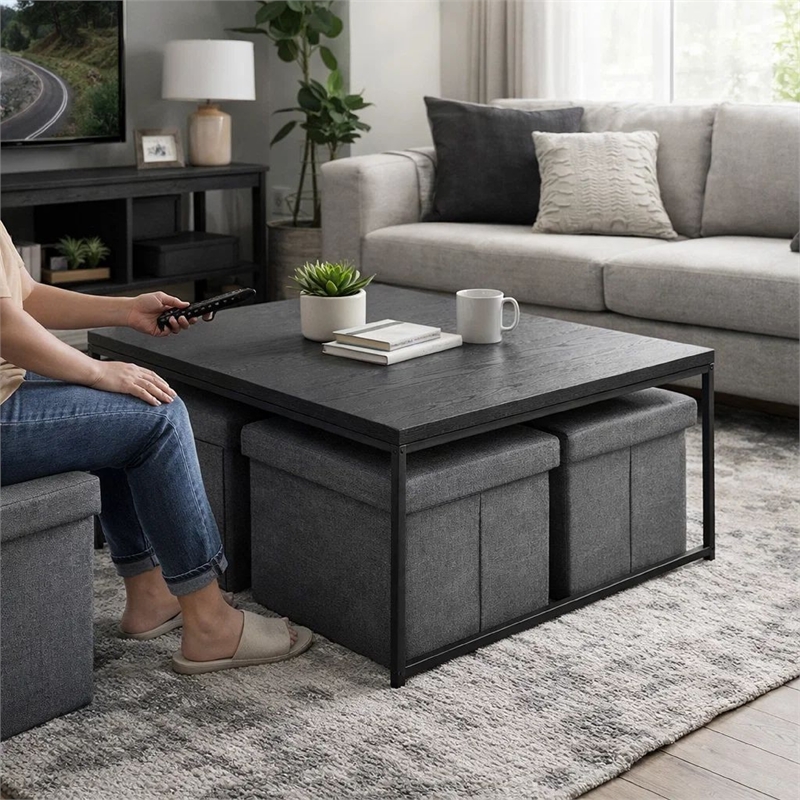Benjara All 5 Piece Coffee Table Set- Oak Black Top with 4 Nesting Storage Bins