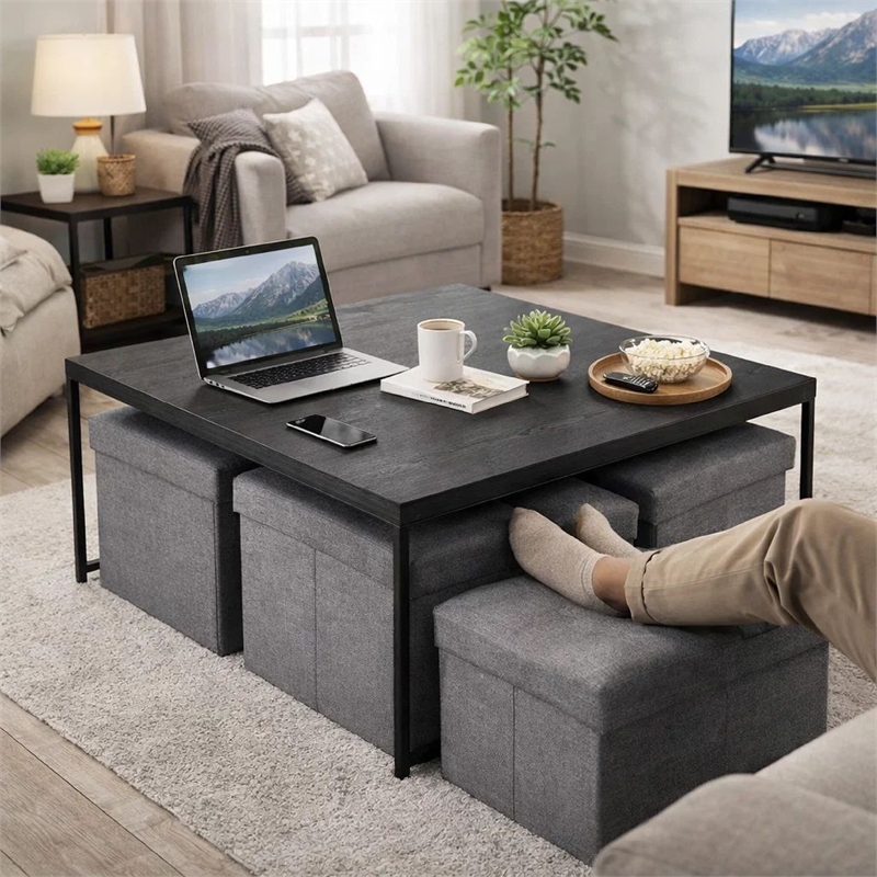 Benjara All 5 Piece Coffee Table Set- Oak Black Top with 4 Nesting Storage Bins