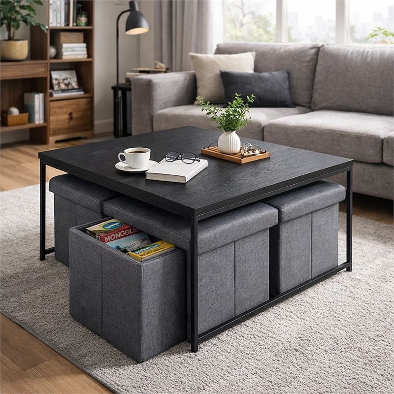 Benjara All 5 Piece Coffee Table Set- Oak Black Top with 4 Nesting Storage Bins