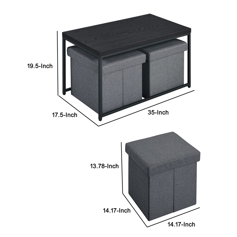 Benjara All 3 Piece Coffee Table and Storage Set- Rectangular- Black Legs- Gray