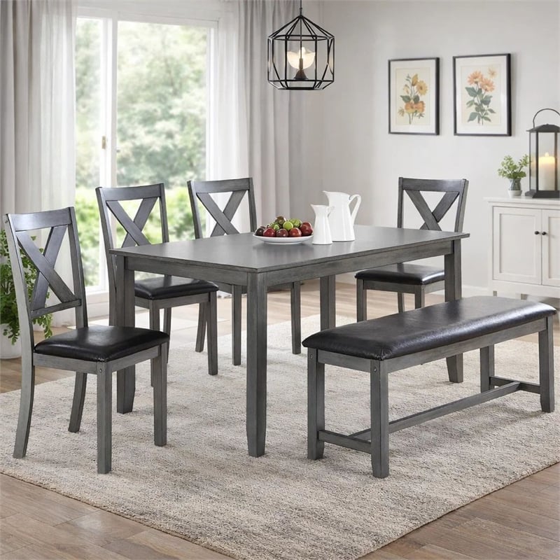 Benjara Modern 6 PC Dining Set with Table- 4 Chairs & Bench- Gray Faux Leather