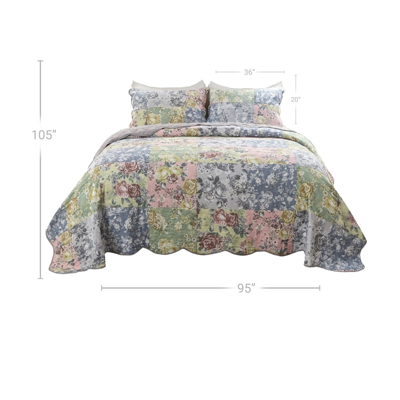 Benjara Eni 3 Piece California King Cotton Quilt Set- Pastel Blue Flower Design