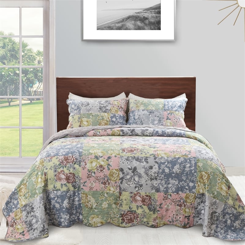 Benjara Eni 3 Piece California King Cotton Quilt Set- Pastel Blue Flower Design
