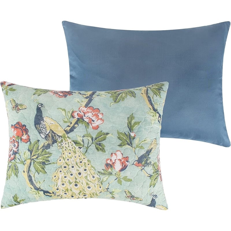 Benjara Eden 2 Piece Twin XL Quilt Set- Peacock and Songbirds- Green Microfiber