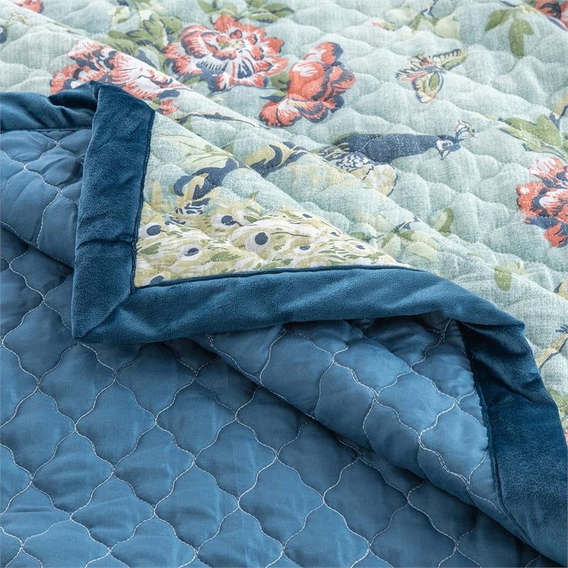 Benjara Eden 2 Piece Twin XL Quilt Set- Peacock and Songbirds- Green Microfiber