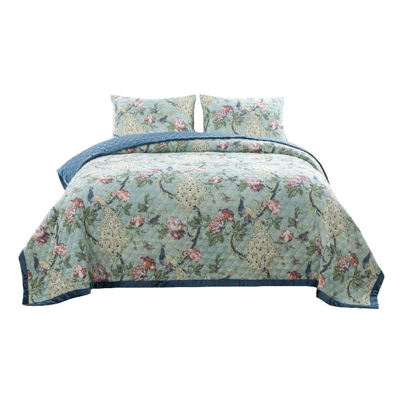 Benjara Eden 2 Piece Twin XL Quilt Set- Peacock and Songbirds- Green Microfiber