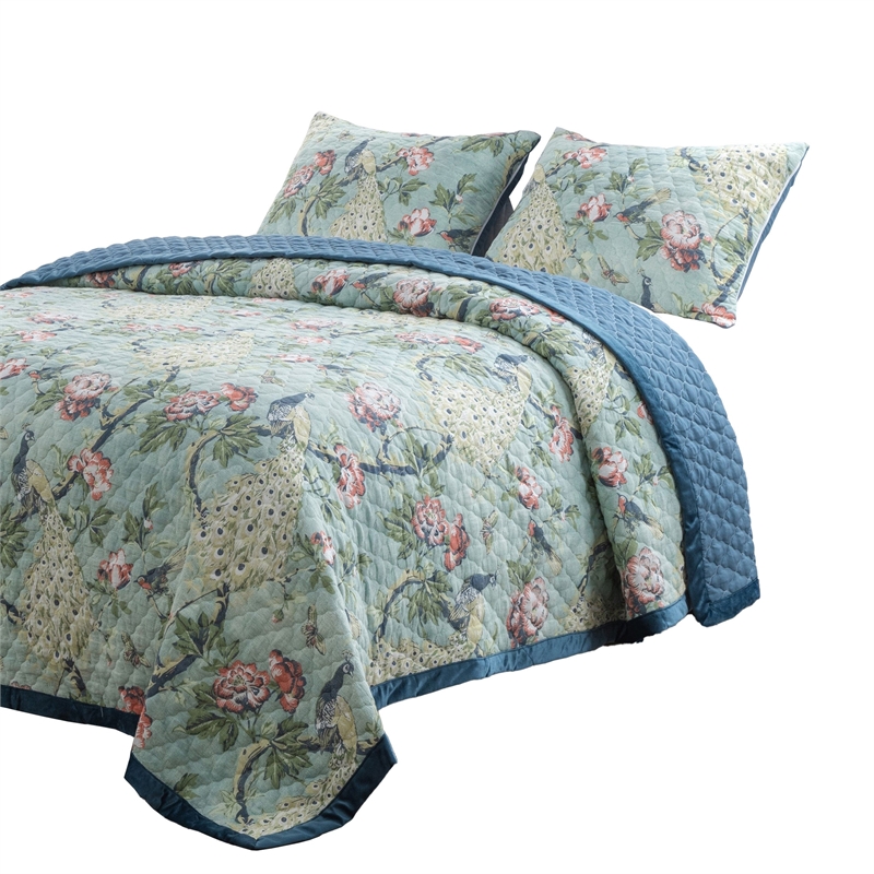 Benjara Eden 3 PC Queen Quilt Set- Peacock & Songbirds- Light Green Microfiber