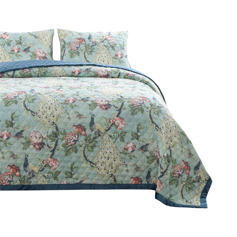 Benjara Eden 3 Piece King Quilt Set- Peacock Print- Green Microfiber