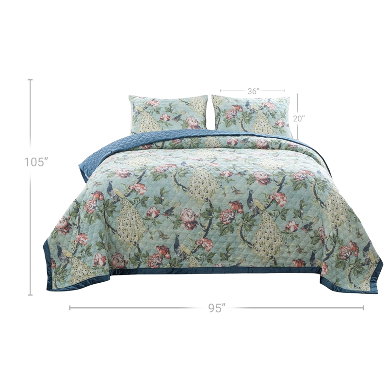 Benjara Eden 3 Piece King Quilt Set- Peacock Print- Green Microfiber