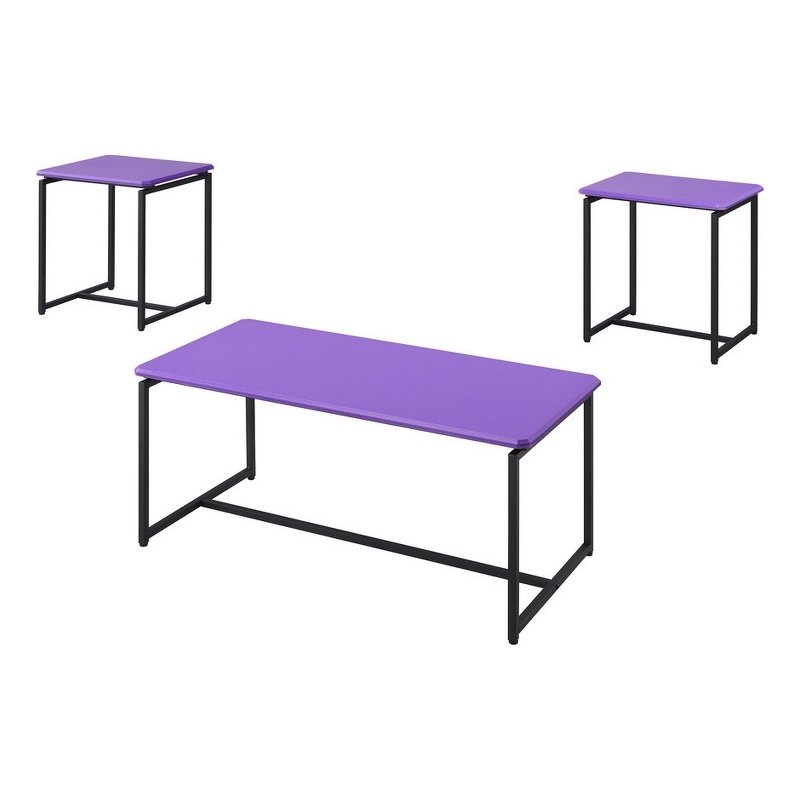 Benjara Ont 3 Piece Coffee Table & End Table Set- Black/Purple Carbon Fiber Top