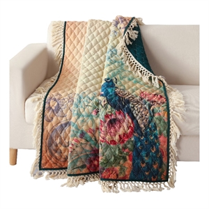 Benjara Ufa 60&quot Quilted Throw Blanket- Blue Microfiber- Peacock- Floral Design