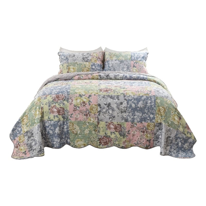 Benjara Eni 3 PC Queen Cotton Quilt Set- Vibrant Pastel Blue Flowers- Scalloped