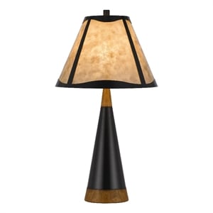 Benjara 30&quot 3 Way Table Lamp- Beige Mica Shade- Rubberwood & Black Metal Body