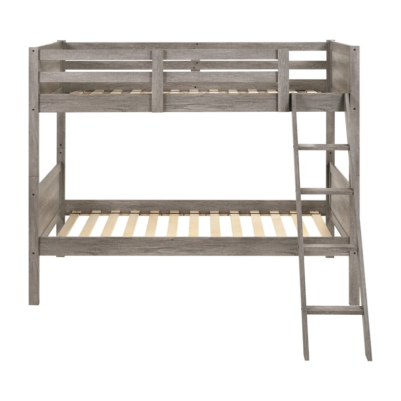 Benjara Twin Over Twin Bunk Beds-Curved Headboards-Ladder-Straight Legs-Taupe