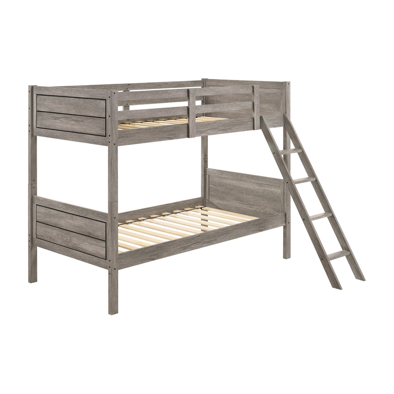 Benjara Twin Over Twin Bunk Beds-Curved Headboards-Ladder-Straight Legs-Taupe