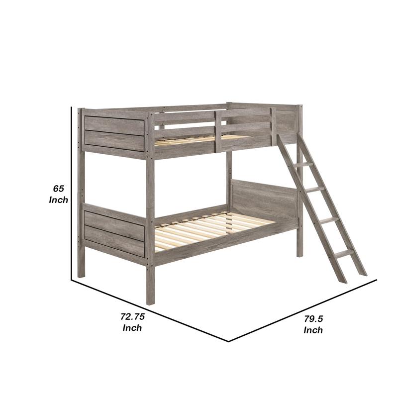 Benjara Twin Over Twin Bunk Beds-Curved Headboards-Ladder-Straight Legs-Taupe