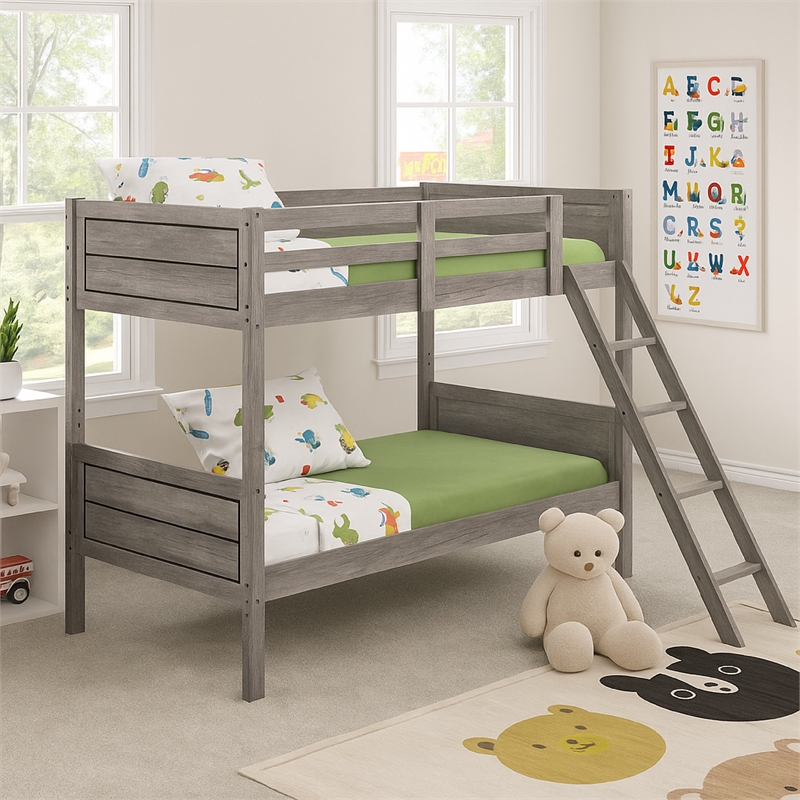 Benjara Twin Over Twin Bunk Beds-Curved Headboards-Ladder-Straight Legs-Taupe