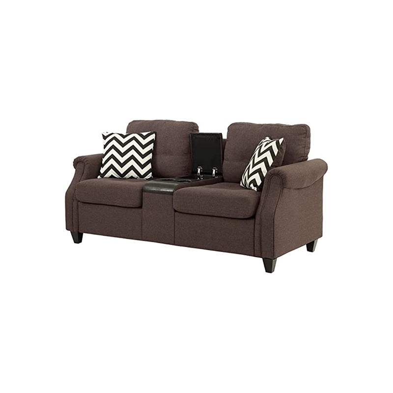 Benjara Noa Modern 2 Piece Sofa Loveseat Set- 4 Pillows- USB Ports- Dark Brown