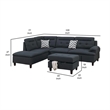 Benjara Olga 3 Piece L Shape Sectional Sofa with Ottoman- 2 Throw Pillows- Black
