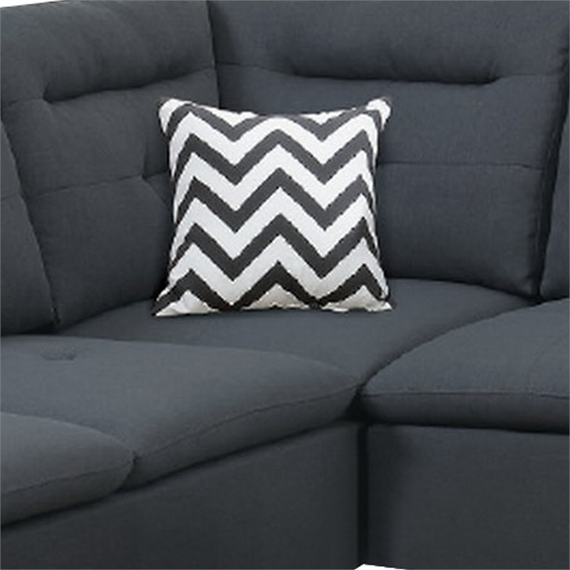 Benjara Olga 3 Piece L Shape Sectional Sofa- Ottoman- 2 Pillows- Charcoal Gray