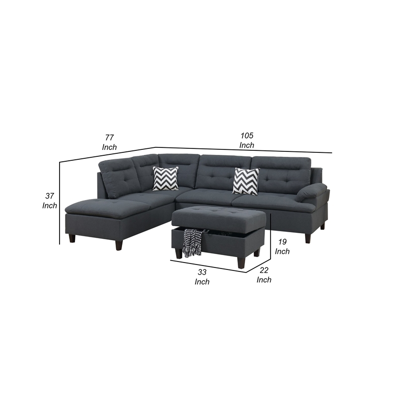 Benjara Olga 3 Piece L Shape Sectional Sofa- Ottoman- 2 Pillows- Charcoal Gray