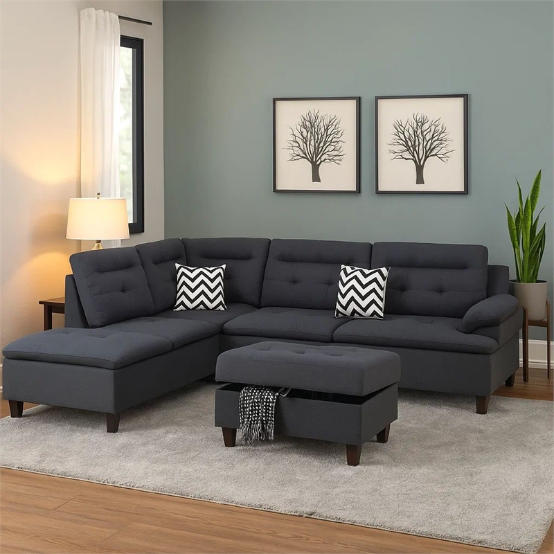 Benjara Olga 3 Piece L Shape Sectional Sofa- Ottoman- 2 Pillows- Charcoal Gray