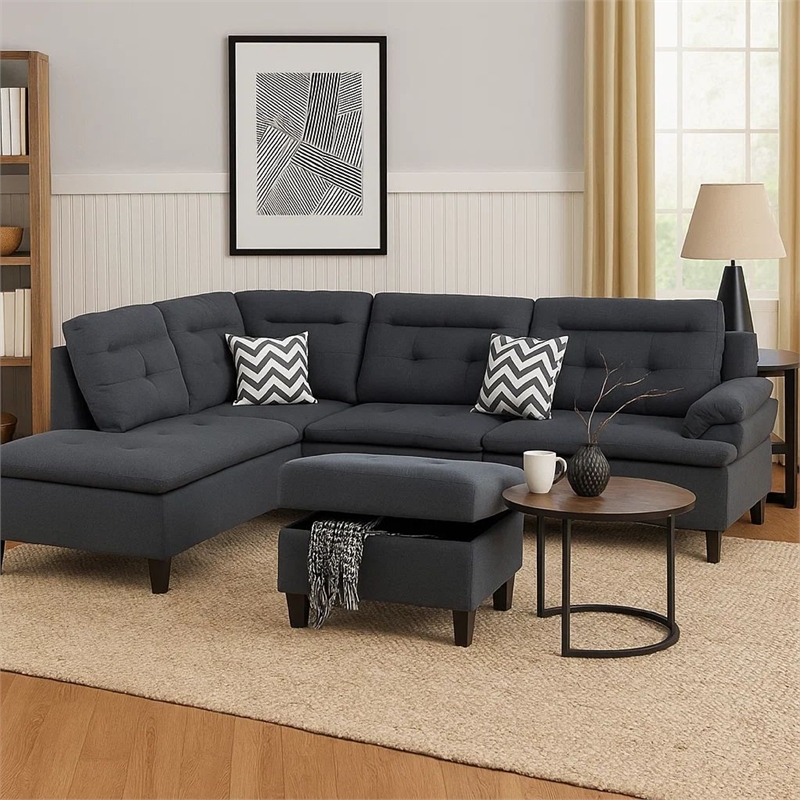 Benjara Olga 3 Piece L Shape Sectional Sofa- Ottoman- 2 Pillows- Charcoal Gray