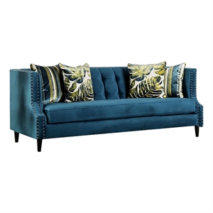 Benjara Bai 90&quot Sofa with 4 Accent Pillows- Tufted- Nailhead Trim- Dark Teal