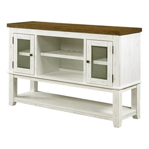 Benjara Bora 60&quot Wood Server- 2 Glass Door Cabinets- Distressed White/Gray
