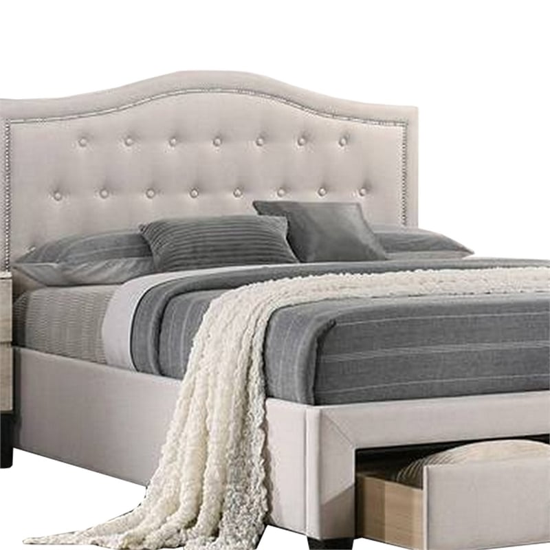 Benjara Buk Upholstered Tufted Full Bed w/ Storage- Nailhead Trim- Ivory Burlap