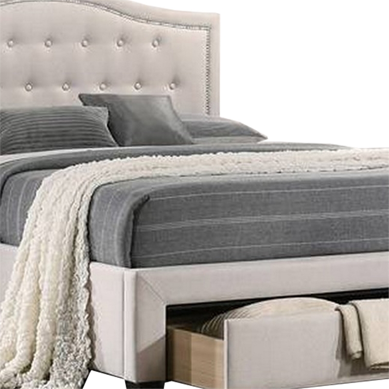 Benjara Buk Upholstered Tufted Full Bed w/ Storage- Nailhead Trim- Ivory Burlap