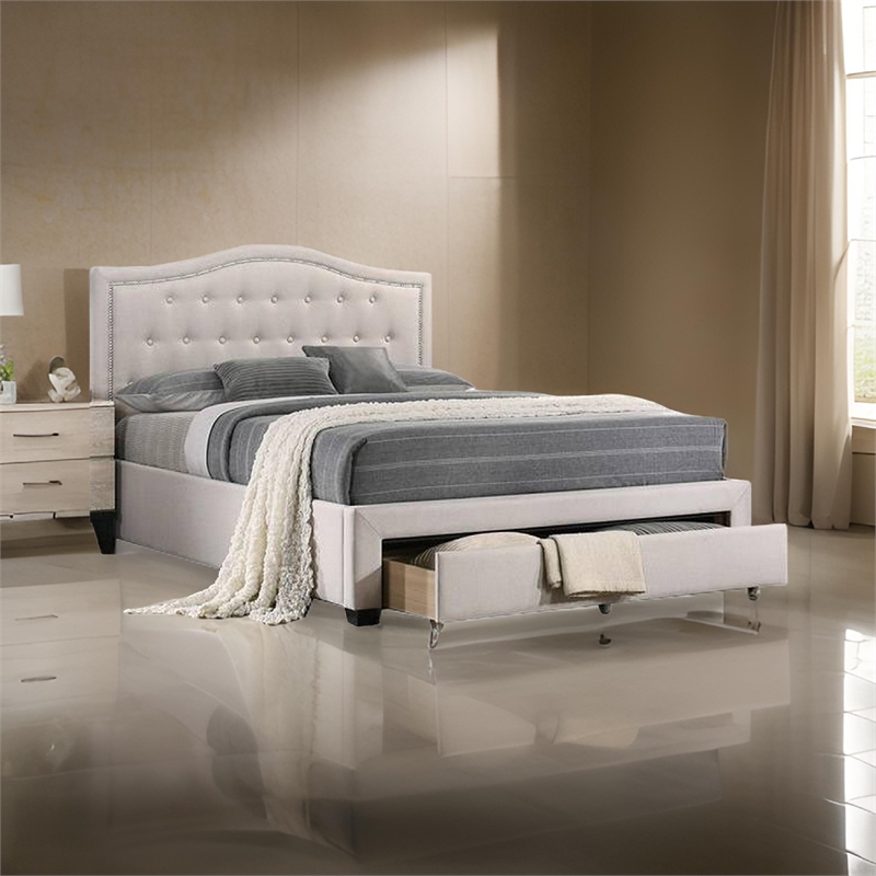 Benjara Buk Upholstered Tufted Full Bed w/ Storage- Nailhead Trim- Ivory Burlap