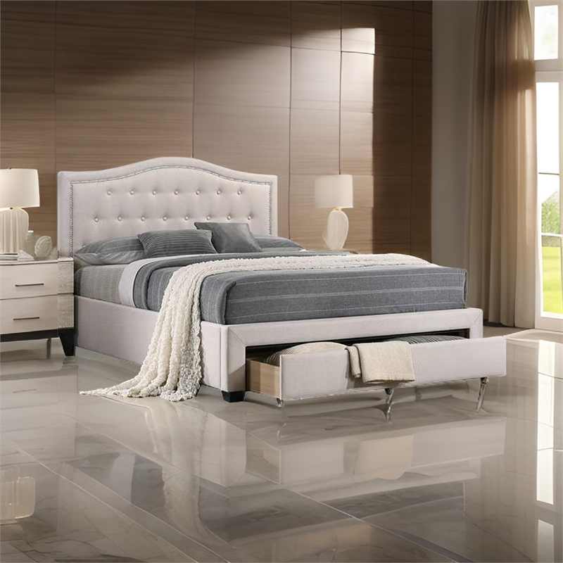 Benjara Buk Upholstered Tufted Queen Bed w/ Storage-Nailhead Trim-Ivory Burlap