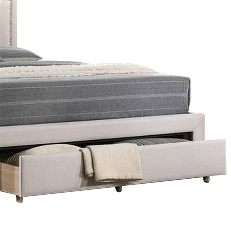 Benjara Buk Upholstered Tufted Queen Bed w/ Storage-Nailhead Trim-Ivory Burlap