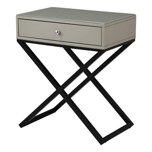Benjara Zeno 27&quot 1 Drawer NightStand-Glass Top-Black Metal Cross Legs-Taupe