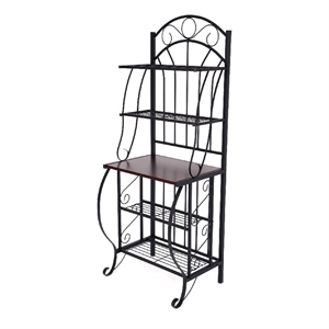 Benjara 65&quot 5 Tier Bakers Rack- Middle Wood Shelf- Carved Black Metal Frame