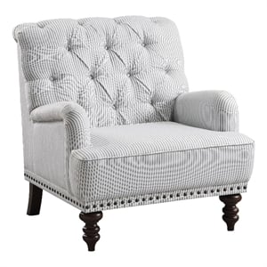 Benjara Parry 34&quot Tufted Accent Chair- Gray White Striped Fabric- Turned Legs